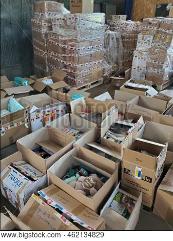 Collected Boxes With Humanitarian Aid Ready To Send Out To Ukrainian Temporary Moved Persons. Dnipro