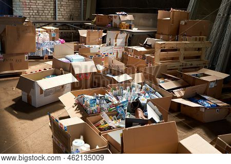 Food An Hygiene Humanitarian Aid For Ukraine Sorted In Parcels Before Send Out To Temponary Moved Pe