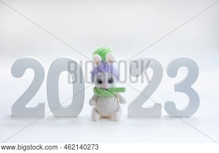 The New Year Is 2023 Rabbits. Knitted Children's Toy, A Gift For A Holiday