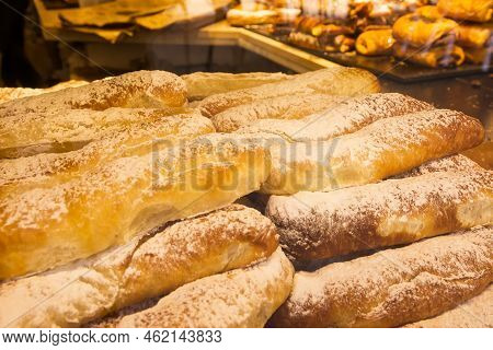 Fartones, Typical Spanish Valencian Sweets For Breakfast, In A Bar Window
