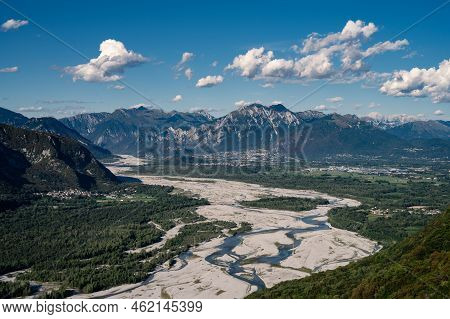 Tagliamento River Valley In Friuli, Italy With The Villages Of Cimano And Cornino In Summer