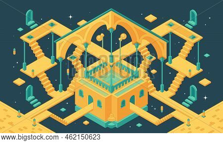 Escher Labyrinth, Isometric Illustration That Unites Three Realities