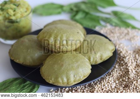Jowar Palak Puri Or Sorghum Spinach Fried Flat Bread. Fried Bread Made Of Sorghum Millet Flour And P