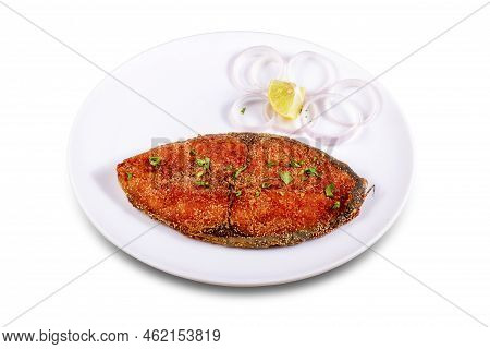 Surmai Fry Served In A Plate Over White Background. Selective Focus.