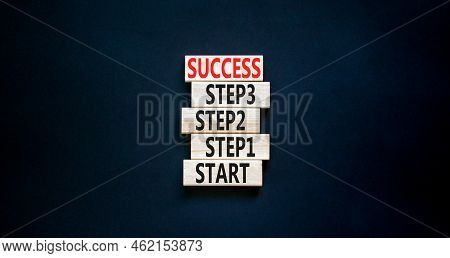 Strat, Step And Success Symbol. Concept Words Start Step 1 2 3 Success On Wooden Blocks On A Beautif
