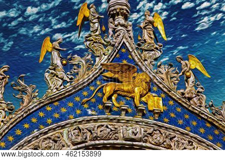 Sculptures And Frontispiece Made In Marble And Gold On The San Marco Basilica In Venice. The Histori