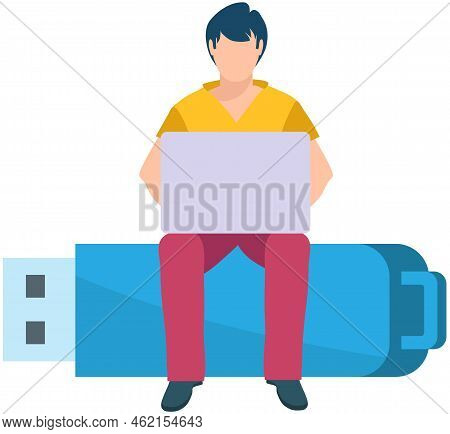 Business Man With Laptop Sitting On Usb Flash Drive Digital Device. Freelancer Or Office Worker Work