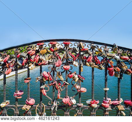 Many Love Locks Hanging On Some Bridge, Copyspace On Lear Sky. Long Term Relationship Symbol. Old Ca