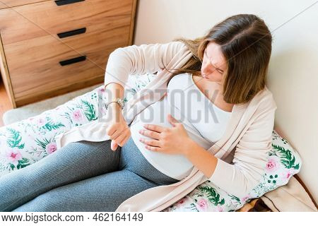 Pregnant Time Go Hospital. Pregnant Holding Baby Belly, Woman Watching Clock. Childbirth Time, Contr