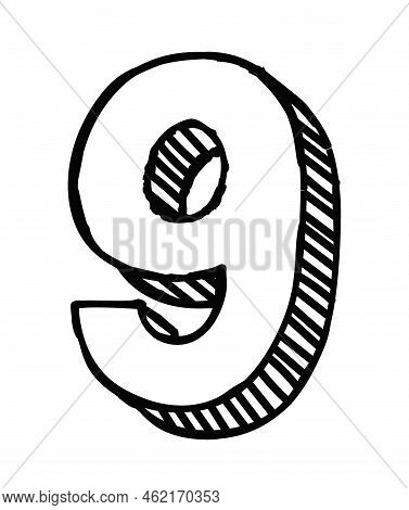 Number Nine Icon. Sketch And Pencil Drawing, Minimalistic Style. Logotype Or Graphic Element For Web