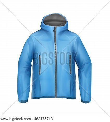 Vector Blue Softshell Unisex Sport Jacket With Hood Front View Isolated On White Background