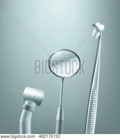 Vector Set Of Stainless Dental Tools Mirror, Drill And Forceps With Tooth Side View On Background