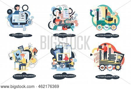 Business Intelligence Action Business Plan. Strategic Planning Automation Process. Mission Rules Vis