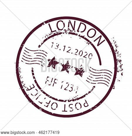 Brown Post Mark. Round Stamp With Inscription London Post Office And Three Stars. Communication And 