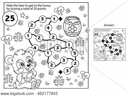 Math Addition Game. Puzzle For Kids. Maze. Coloring Page Outline Of Cartoon Little Bear Cub With Bar