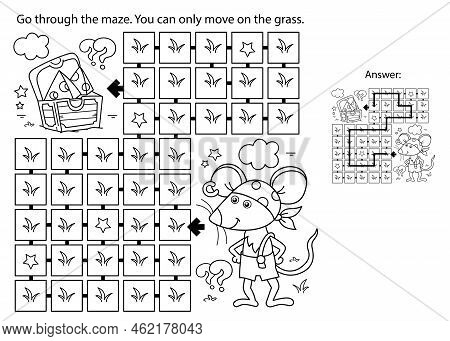 Maze Or Labyrinth Game. Puzzle. Coloring Page Outline Of Cartoon Little Pirate Mouse With Chest Of T