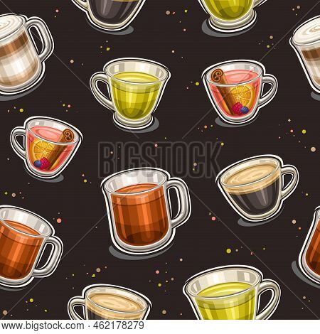 Vector Hot Drinks Seamless Pattern, Square Repeating Background With Cut Out Illustrations Of Group 