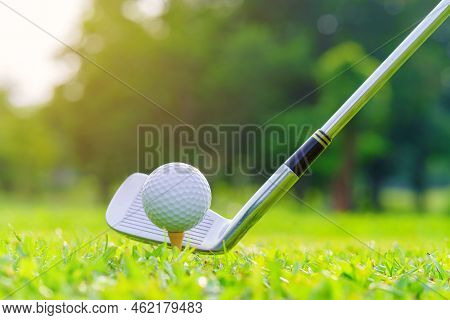 Golf Ball On Green Grass Ready To Be Struck On Golf Course