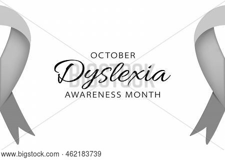 Dyslexia Awareness Month October Banner With Silver Grey Ribbon. Copy Space For Text. Simple Minimal