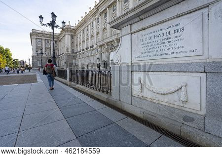 Madrid, Spain, September 2022. The Commemorative Marble Plaque In The Place Where The Protest Riots 