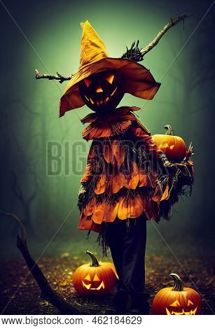 Friendly Halloween Scarecrow Bringing You Jack-o Lanterns From The Dead Forest