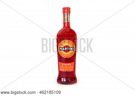 Kiev, Ukraine - November 12, 2021: Full Bottle Of Martini Fiero On A White Background. Martini - Cla
