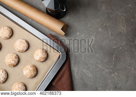 Tasty Homemade Gingerbread Cookies On Grey Table, Flat Lay. Space For Text