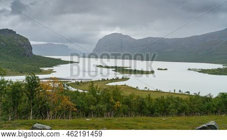Huge Lake In Remote Arctic Valley On A Cloudy And Rainy Day. Sitojaure Lake, Sarek National Park, La