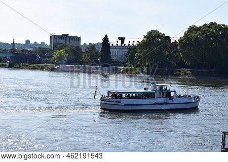 Koblenz, Germany - 09 12 2022: Small Passenger Ferry From Ehrenbreitstein To Old Town Koblenz, With 