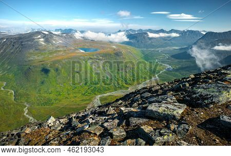 Vast Arctic Landscape Of Sarek National Park In Lapland, Sweden, Viewed From The Top Of Naite Mounta