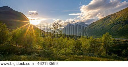 Sun Setting Behind The Mountain In Remote Arctic Valley. Sarek National Park, Lapland, Sweden. Sun S