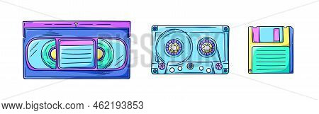 Floppy Disk, Audio Cassette And Videotape Illustration. Retro Diskette, Music And Video Cassettes. R