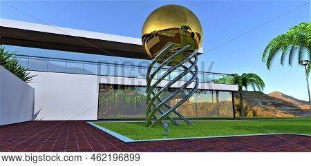 An Exclusive Installation Of Chrome-plated Bent Pipes Holding A Large Golden Ball On Green Grass In 