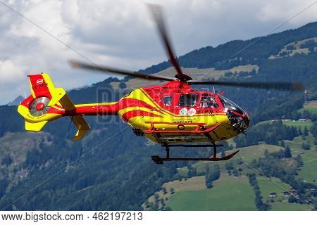 Zell Am See, Austria - July 17, 2017: Medical Helicopter At Airport And Airfield. Rotorcraft And Med