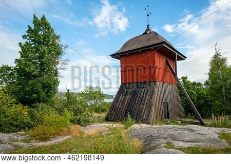 Sigtuna, Sweden - 09.02.2022: View Of Sigtuna Klockstapel, Or Belfry, Old Wooden Church Bell Tower O