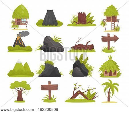Tropical Jungle Landscape Design Elements With Bungalow, Mountain, Tree, Boulder And Volcano Big Vec