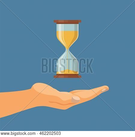 Glass Sand Clock, Hand Hold Hourglass Illustration. Patience, Countdown Time On Watch, Business Man 