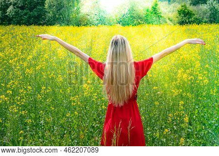Beautiful Girl In A Flowering Field In A Red Dress With Arms Wide Open. Sunbeams, Glare, Light Leaks