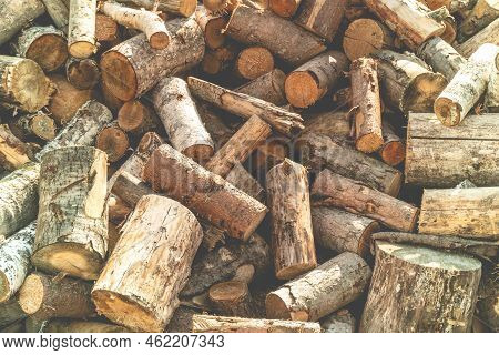 A Large Pile Of Sawn Firewood Background, A Sawn Tree, Preparation Of Firewood For The Winter, Firew