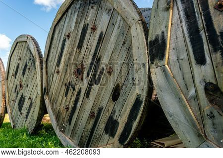 Wooden Coil Without Cable Or Cable Bobbin. Reel With Cable Or Empty Spool.