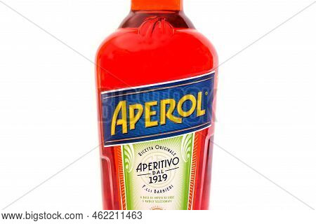 Kiev, Ukraine - 06 2021: Bottle Of Aperol Aperitivo Summer Cocktail Drink On White Background.