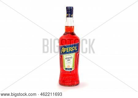 Kiev, Ukraine - 06 2021: Bottle Of Aperol Aperitivo Summer Cocktail Drink On White Background.