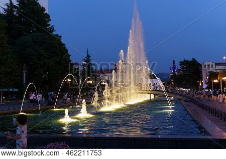 Batumi, Georgia, Ajaria - August 30, 2022: Illuminated Dancing Fountain In The Evening