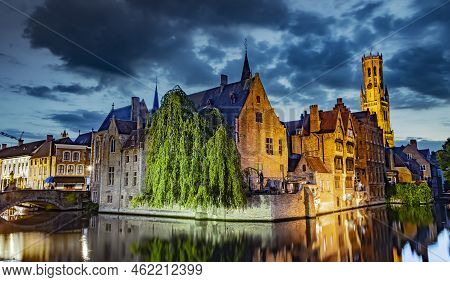 Architecture Of The Historic City Of Bruges, Belgium After Dusk