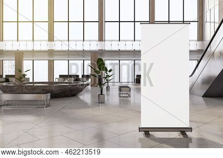 Contemporary Concrete Two Floors Open Space Interior With Empty White Roll-up Poster, Decorative Fou