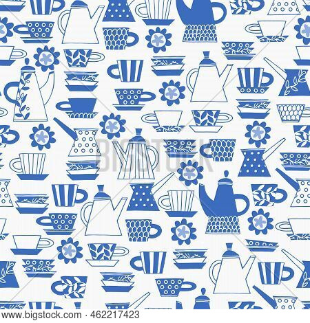 Seamless Pattern. Hand Drawn Fika Cups Decorated With Patterns In Scandinavian Style