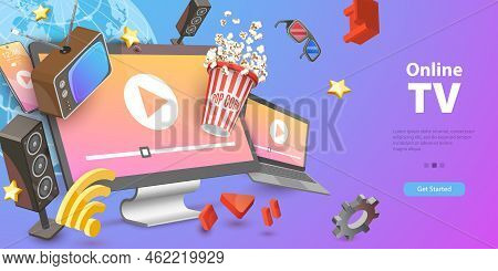 3d Vector Conceptual Illustration Of Online Tv, Streaming Entertainment Service