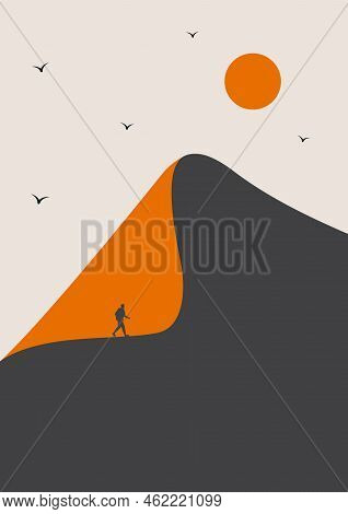 Desert Landscape, Tourist On Dunes Illustration. Earth Tones, Burnt Orange