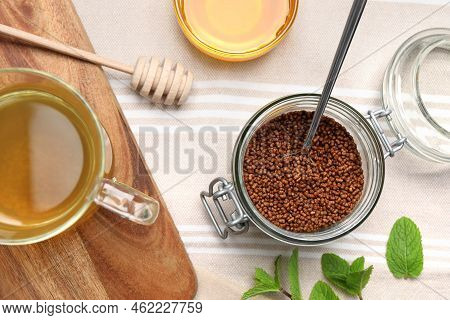 Buckwheat Tea, Granules And Honey On Table, Flat Lay