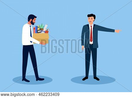 Businessman Leaving Job Vector Illustration. Boss Fired Employee. Layoff Office Worker In Flat Desig